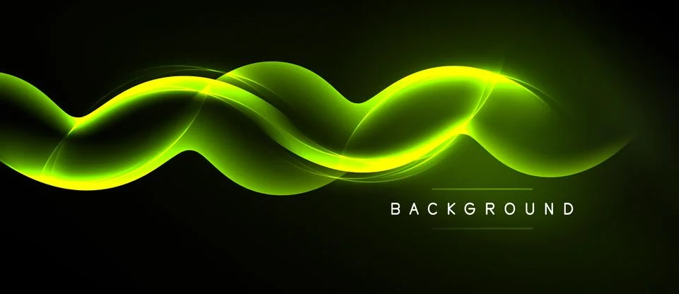 Abstract neon waves over black background. Bright green light creates dynamic Illustrazione stock