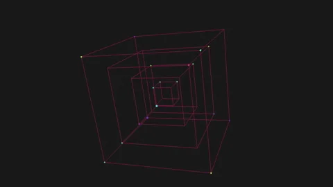 Abstract neon wireframe cube tunnel rotating on dark background, 3D geometry Stock Footage 330053483