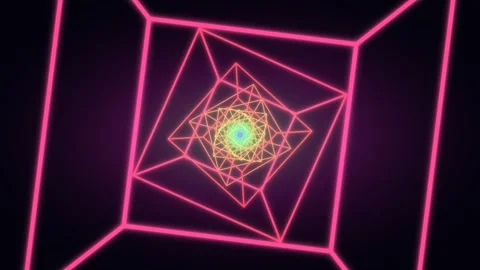 Abstract neon wireframe cube tunnel with shifting colors Stock Footage 336995449