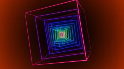 Abstract Neon Wireframe Cubes Create a Hypnotic Tunnel on a Graded Orange 스톡 일러스트