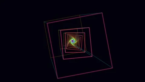 Abstract neon wireframe cubes spiraling into a dark digital tunnel Stock Footage 336353183