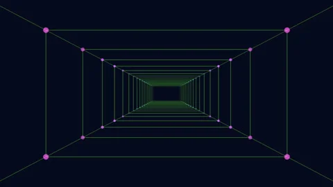Abstract neon wireframe tunnel with glowing nodes, futuristic 3D corridor Stock Footage 330061578