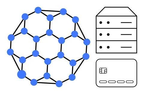 Abstract network with blue nodes and black lines, server stack, and credit ca Stock Illustration