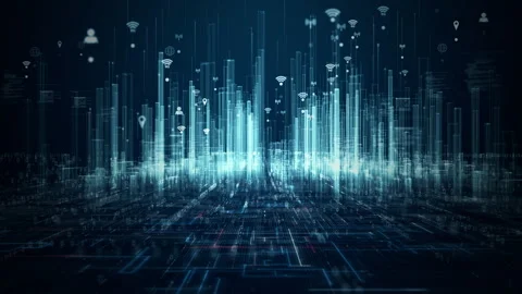 Abstract Network Cityscape with Connected Data and Communication Icons Stock Footage 264220687