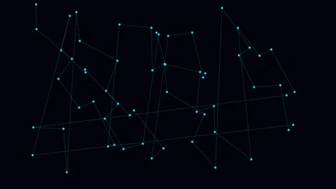 Abstract network of glowing cyan nodes connected by thin lines on black Video stock 335117763