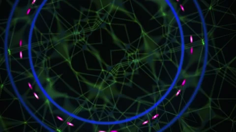 Abstract Network of Glowing Green Nodes and Blue Circles on Black Background. Stock Footage 334502972