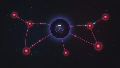 Abstract network of glowing red nodes and lines connected to central dark orb Stock Footage 340905459