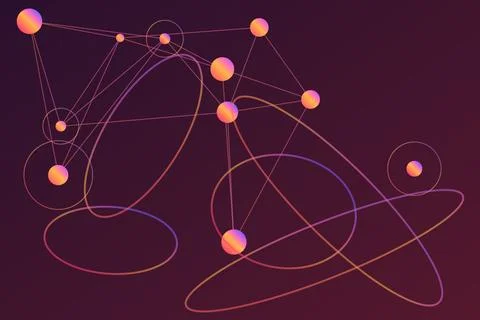 Abstract network of gradient spheres connected by lines in purple and orang.. Иллюстрация