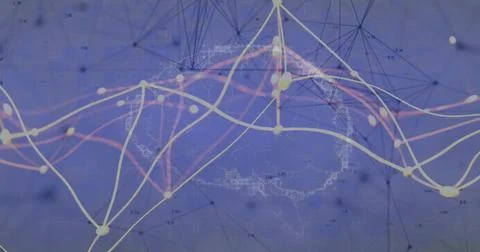 Abstract network graph flowing across world map on dashboard, showing colorful Foto stock