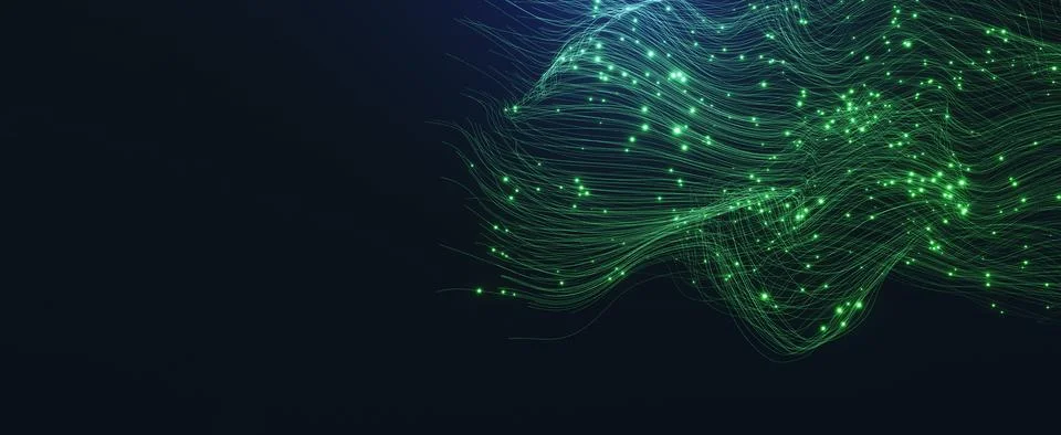 Abstract network of green lines with glowing dots on a dark background Illustrazione stock