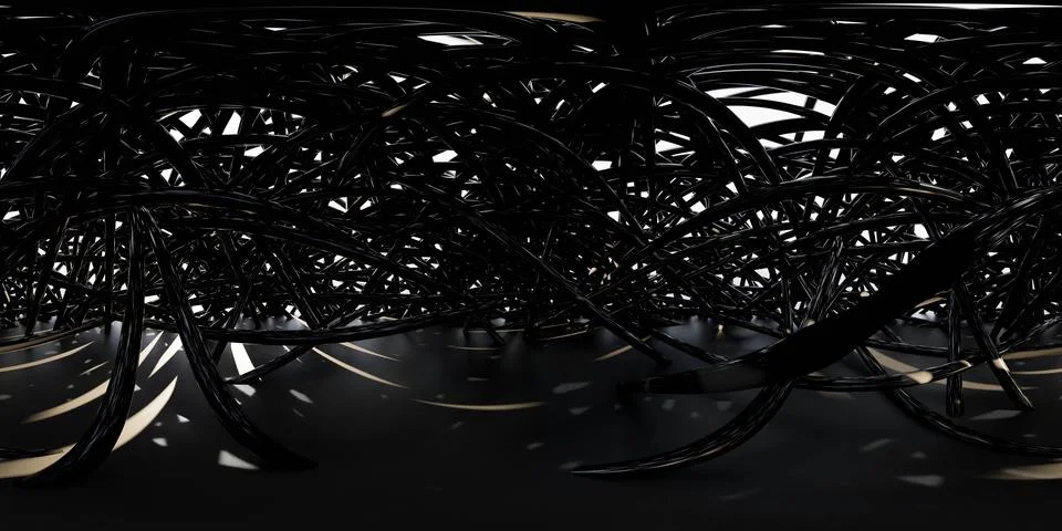 Abstract network of interconnected black strands in a dark setting 360 panorama 库存插图