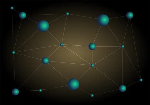 Abstract network of interconnected teal spheres and lines against a dark gr.. Stock Illustration
