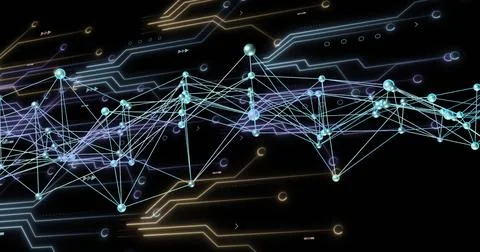 Abstract network mesh linking glowing spheres in dark circuit-board schematic Stock Illustration