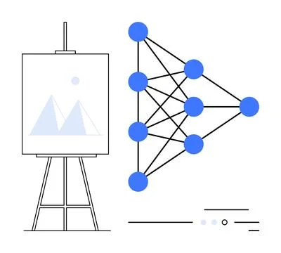Abstract network model with connected blue nodes alongside an easel board wit Illustrazione stock