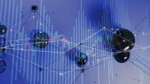 Abstract network responding to market data feed, pulsing spheres and shifting Stock Footage 332577570