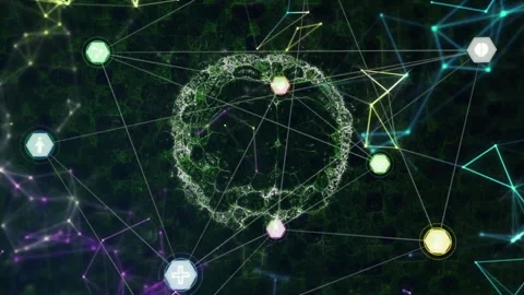 Abstract network visualizing green fractal circle, linking colored nodes over Stock Footage 308676525