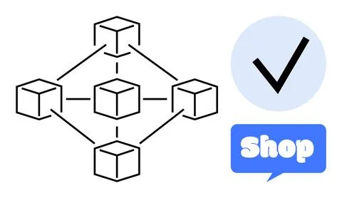 Abstract Networking Diagram with Verified Checkmark and Shop Symbol Stock Illustration
