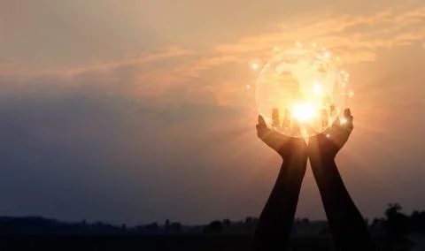 Abstract networking. Technology and communication. Hands holding global network 스톡 사진