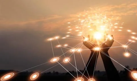 Abstract networking. Technology and communication. Hands holding global network Fotos Stock