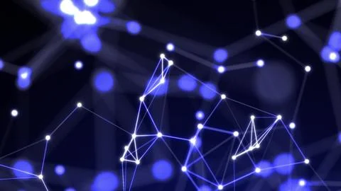 Abstract neural network pattern with glowing blue nodes and connecting line.. Illustrazione stock