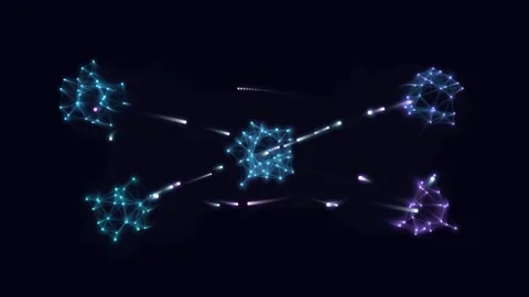 Abstract neural network pulsing with data packets on dark background motion.. Видео 343155085