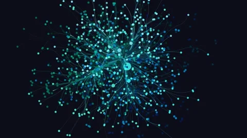 Abstract neural network sphere rotating with glowing data pulses along Stock Footage 345988378