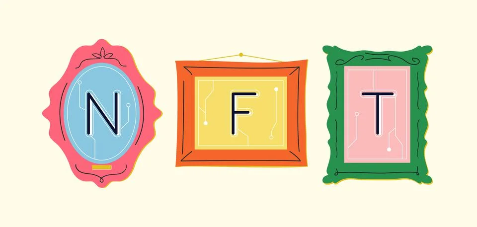 Abstract NFTs in bright frames Illustrazione stock
