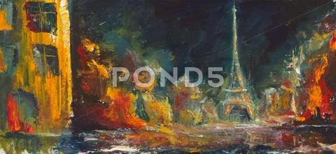 Abstract Night Paris. Original Oil Old City On Canvas.modern