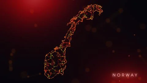 Abstract Norway Map Digital Network Background With Red And Orange Plexus Dot Stock Illustration
