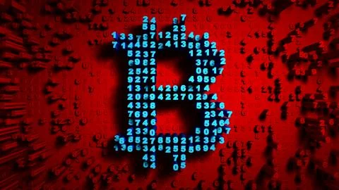 Abstract numbers Random motion in the form of coins bitcoin, Red color Stock Illustration
