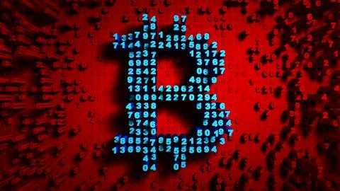 Abstract numbers Random motion in the form of coins bitcoin, Red color Stockillustratie