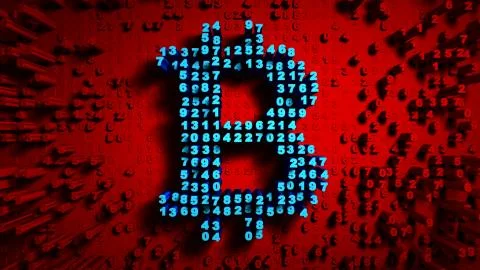 Abstract numbers Random motion in the form of coins bitcoin, Red color Stock Illustration