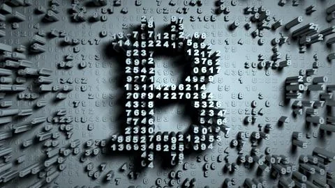Abstract numbers Random motion in the form of coins bitcoin Illustrazione stock