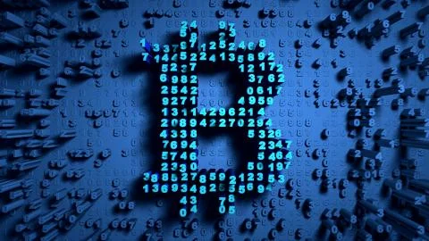Abstract numbers Random motion in the form of coins bitcoin Illustrazione stock