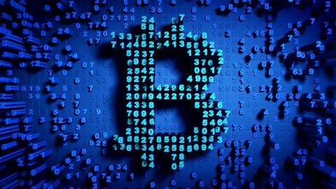 Abstract numbers Random motion in the form of coins bitcoin Stock Illustration