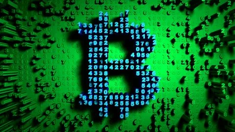 Abstract numbers Random motion in the form of coins bitcoin, Green color Stock Illustration