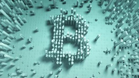 Abstract numbers Random motion in the form of coins bitcoin Illustrazione stock
