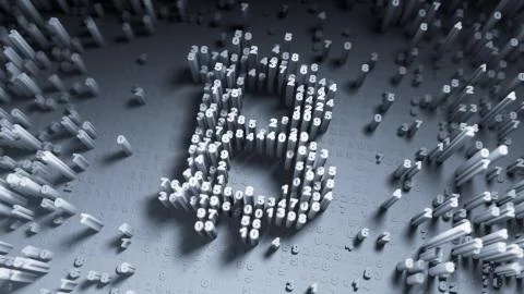 Abstract numbers Random motion in the form of coins bitcoin Illustrazione stock