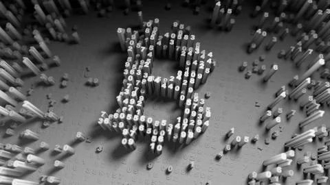 Abstract numbers Random motion in the form of coins bitcoin Illustrazione stock