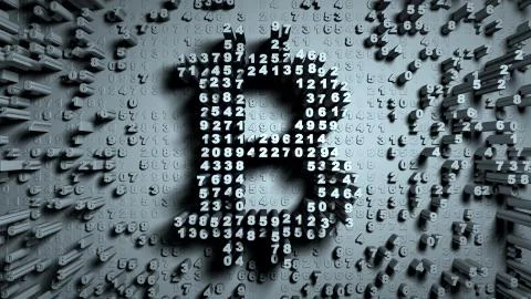 Abstract numbers Random motion in the form of coins bitcoin Stock Illustration