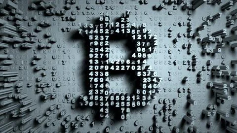Abstract numbers Random motion in the form of coins bitcoin Illustrazione stock