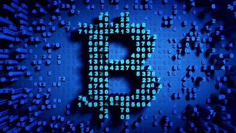 Abstract numbers Random motion in the form of coins bitcoin Illustrazione stock