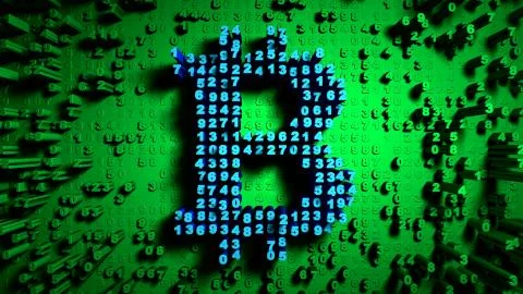 Abstract numbers Random motion in the form of coins bitcoin, Green color Stock Illustration