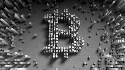 Abstract numbers Random motion in the form of coins bitcoin Illustrazione stock