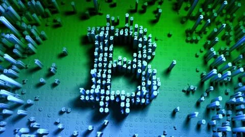 Abstract numbers Random motion in the form of coins bitcoin Illustrazione stock