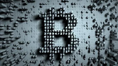 Abstract numbers Random motion in the form of coins bitcoin Illustrazione stock
