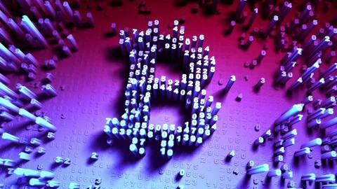 Abstract numbers Random motion in the form of coins bitcoin Illustrazione stock