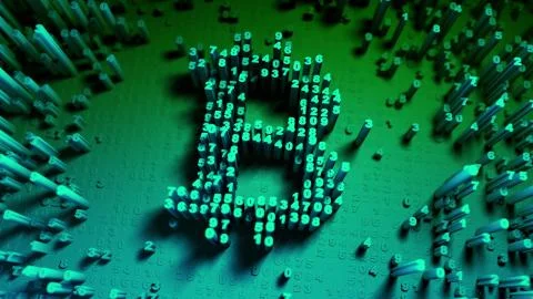 Abstract numbers Random motion in the form of coins bitcoin Illustrazione stock
