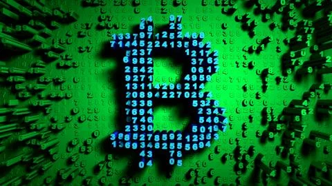Abstract numbers Random motion in the form of coins bitcoin, Green color Illustrazione stock