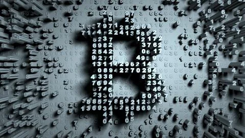 Abstract numbers Random motion in the form of coins bitcoin Illustrazione stock